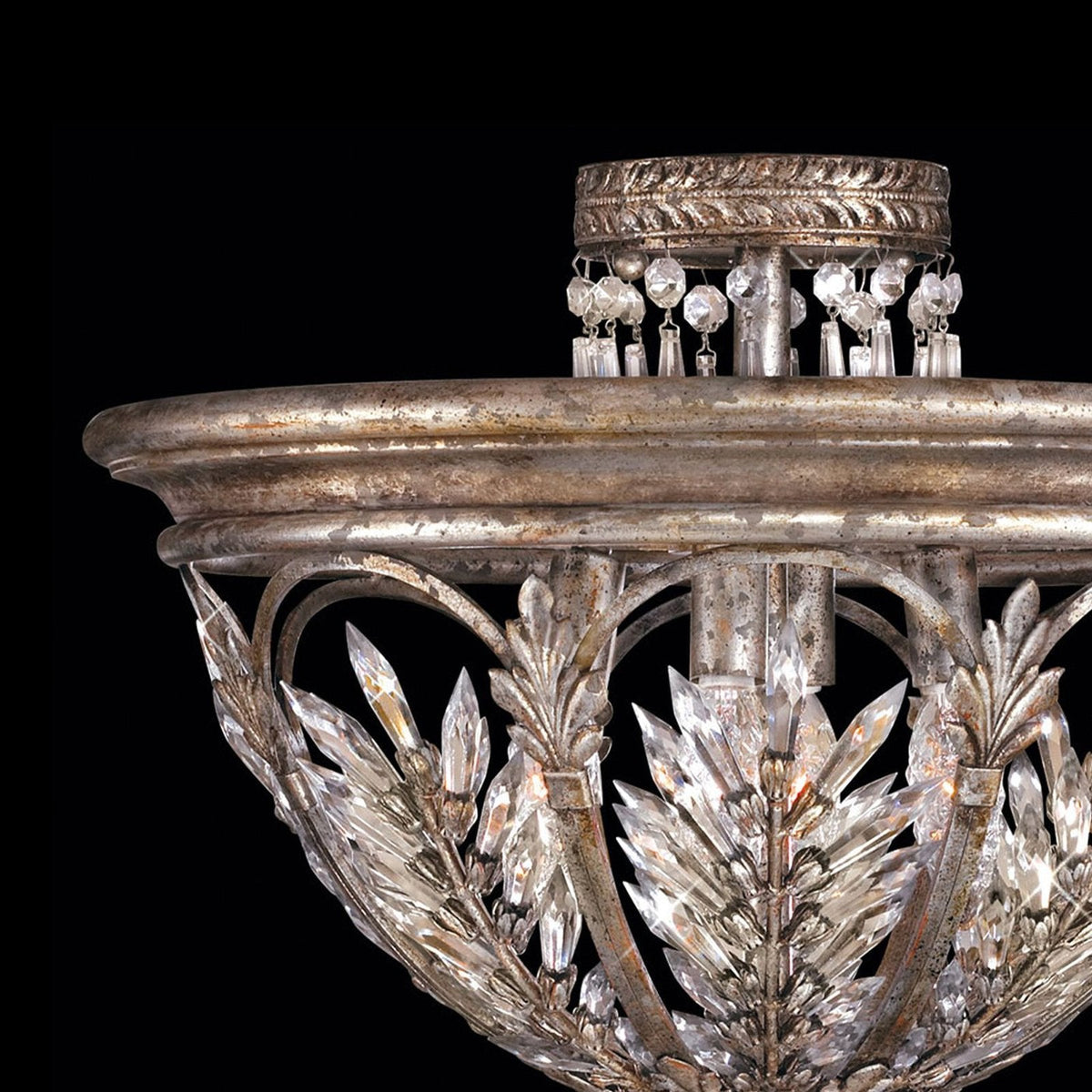 Antiqued Silver Lead Crystal Semi-Flush Ceiling Light