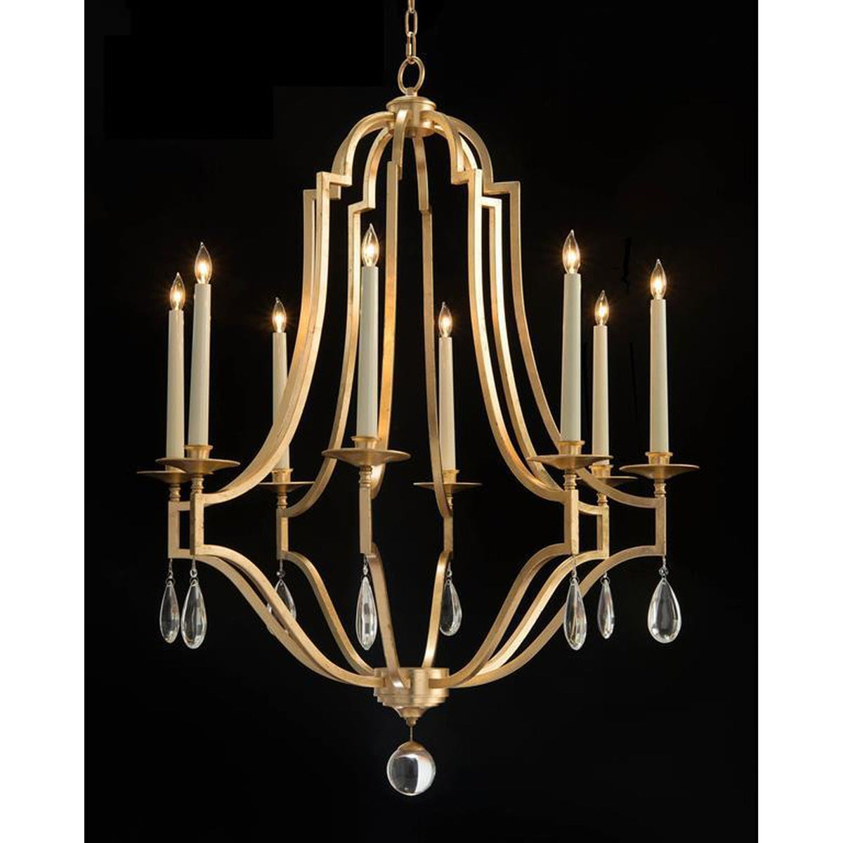 Crystal Drop Tapered Candle Gold Leaf Chandelier