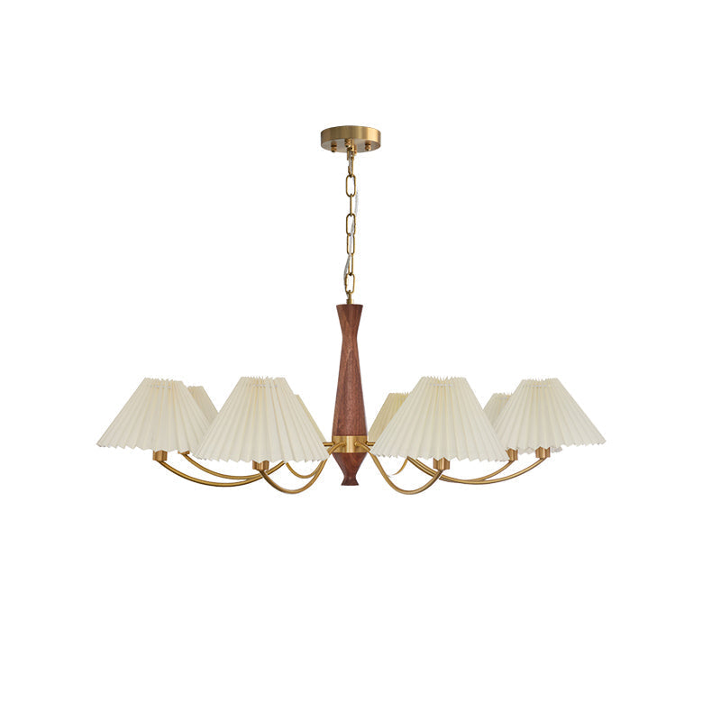Curved Arm Walnut Brass Fabric Multi-Light Chandelier