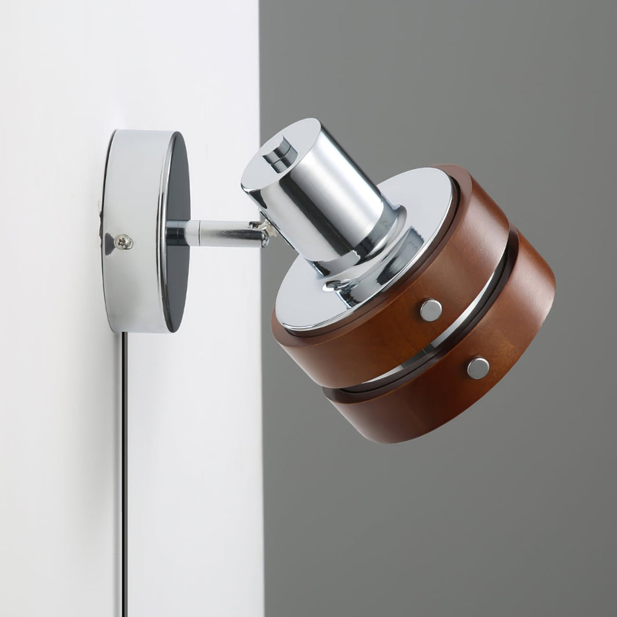 Hingewood Chrome Walnut Plug-In Wall Lamp