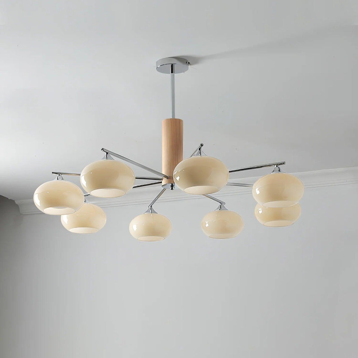 Midcentury Pod Wood Chrome Multi-Light Chandelier
