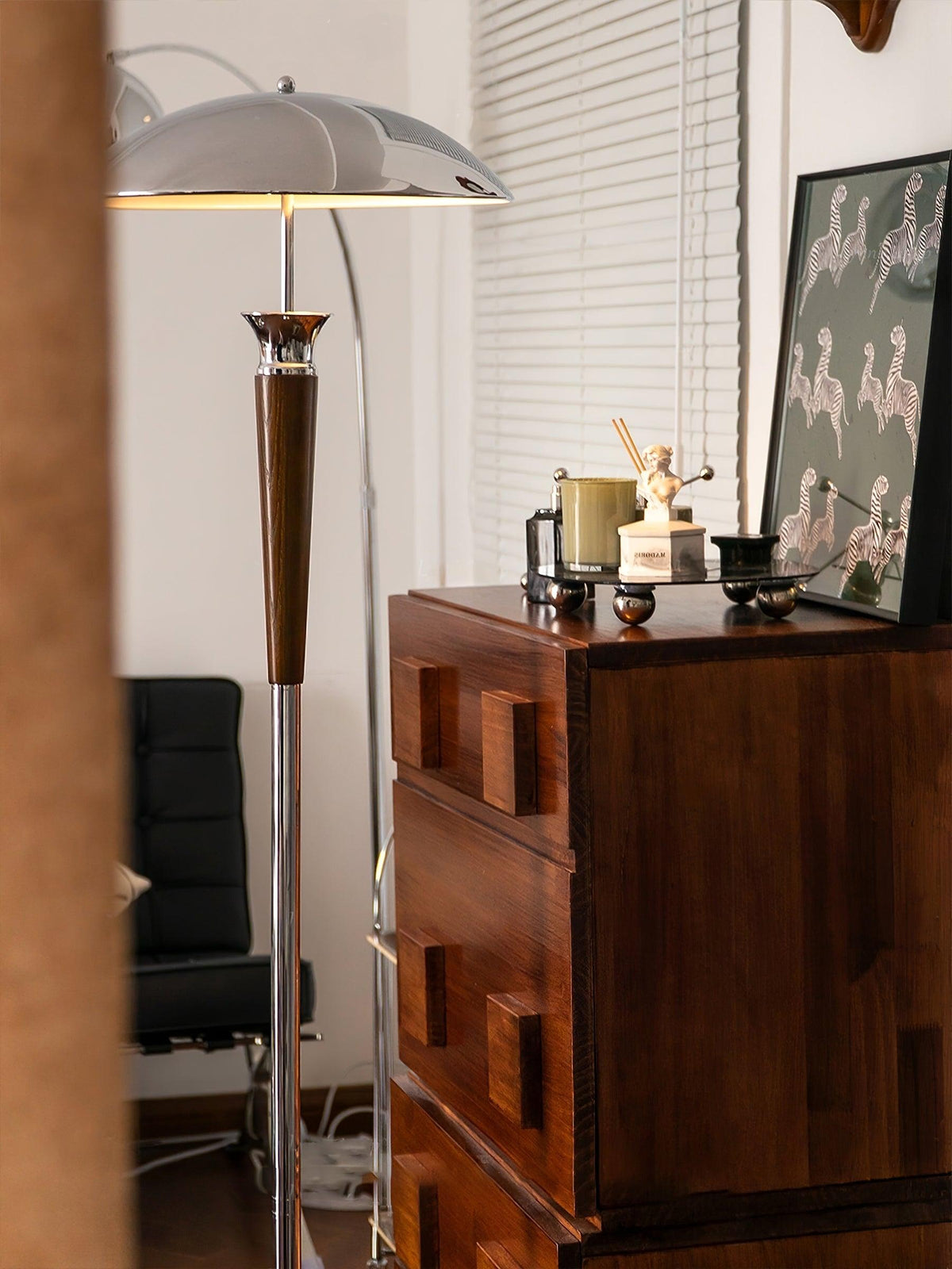 Reflector Hood Chrome Walnut Floor Lamp