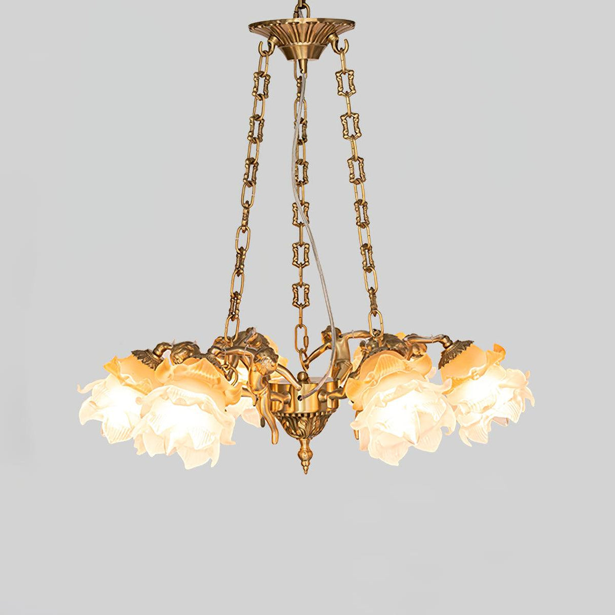 Putti Statuettes Brass Suspension 6 heads Φ 23.6″ x H 39.4″ / Dia 60cm x H 100cm / Brass Chandelier