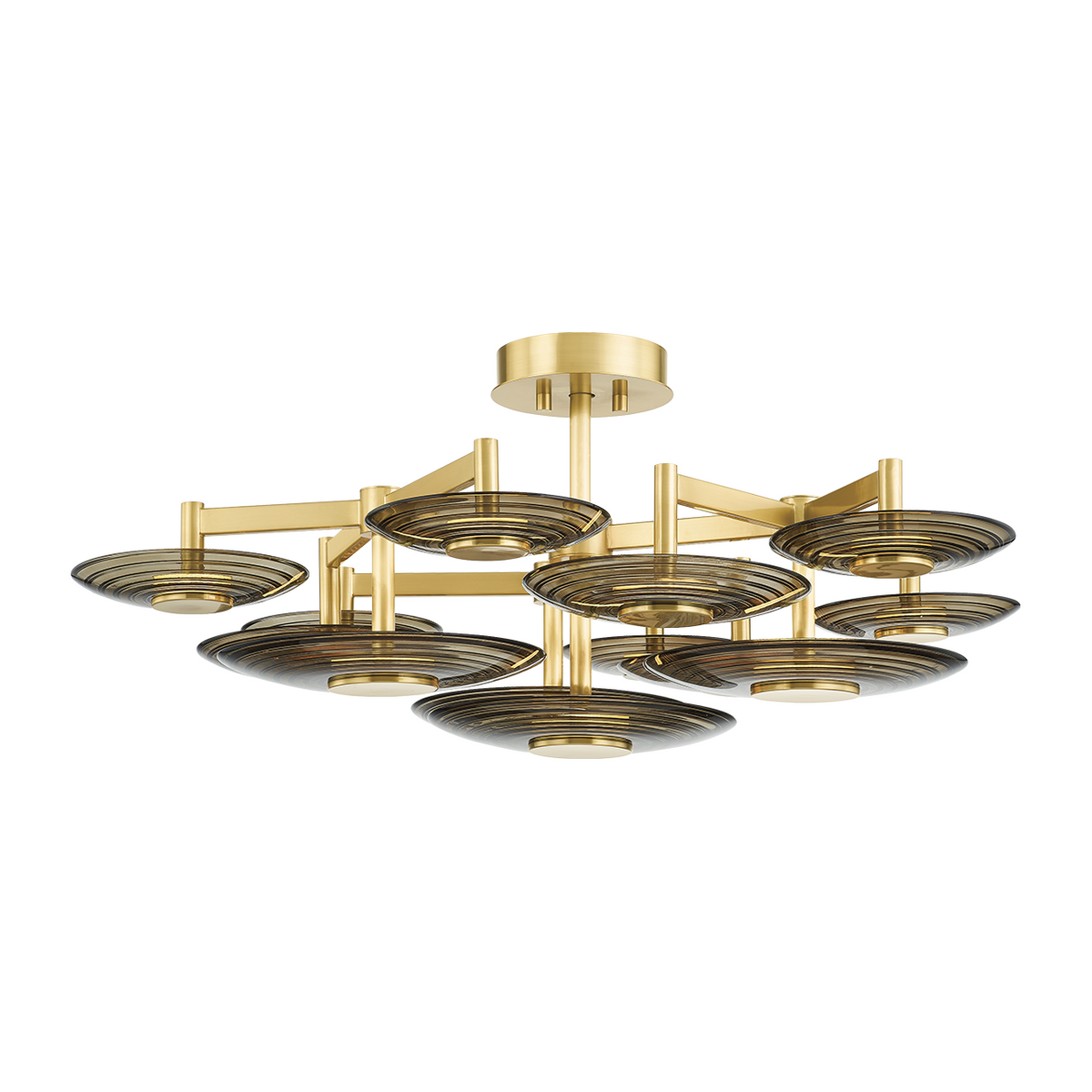 Ribbed Smoke Glass Aged Brass Semi-Flush Light