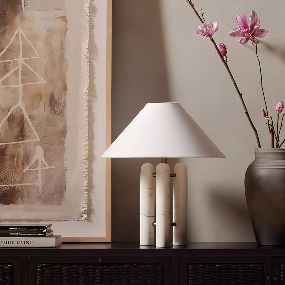 Triple Marble Column White Fabric Table Lamp