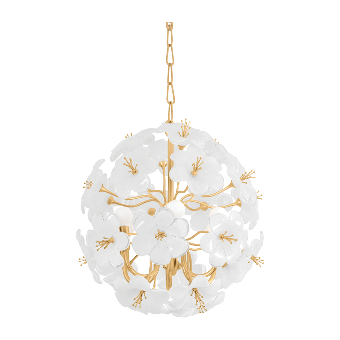 White Glass Blossom Gold Leaf Chandelier
