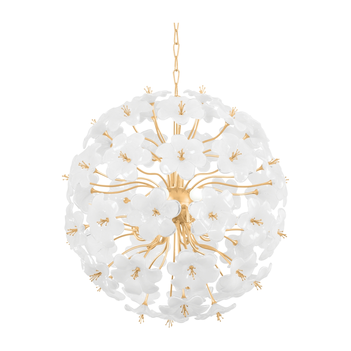 White Glass Flower Gold Leaf Eight-Light Chandelier