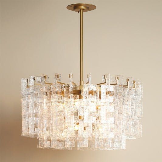 Cast Glass Brushed Brass Twelve-Light Chandelier