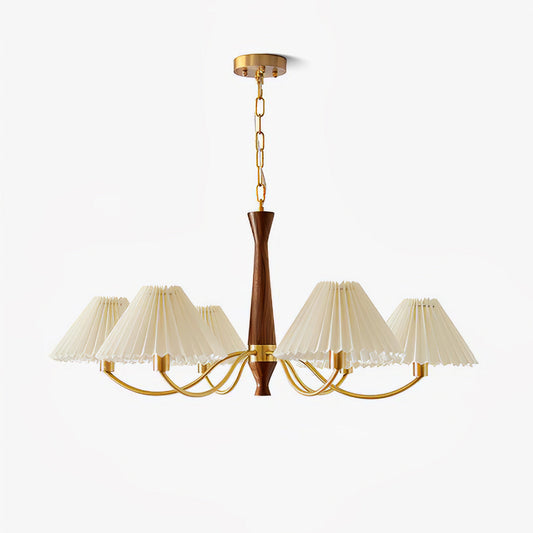 Curved Arm Walnut Brass Fabric Multi-Light Chandelier