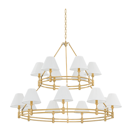 Double-Tier Silk Shade Aged Brass Chandelier