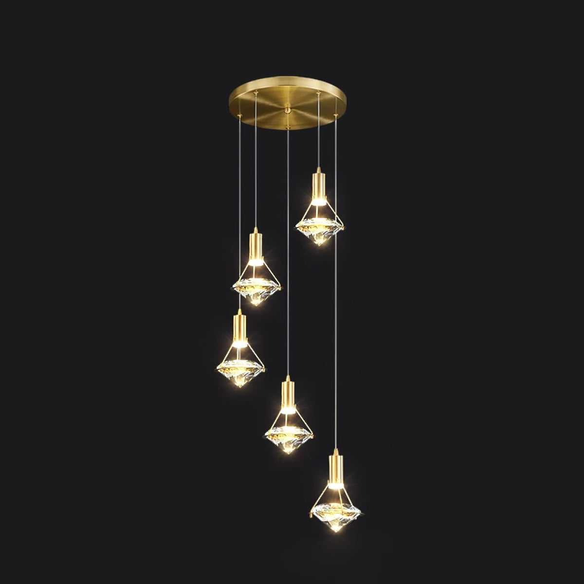 Diamond Pendant Lamp 5heads ∅ 11.8″ x H 39.3″/ Dia 30cm x H 100cm / Brass & Clear / Three-color changing light Pendant