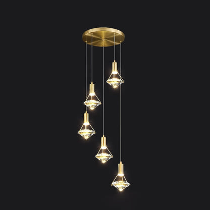 Diamond Pendant Lamp 5heads ∅ 11.8″ x H 39.3″/ Dia 30cm x H 100cm / Brass & Clear / Three-color changing light Pendant