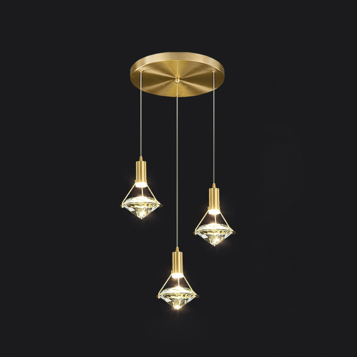 Diamond Pendant Lamp 3heads ∅ 11.8″ x H 39.3″/ Dia 30cm x H 100cm / Brass & Clear / Three-color changing light Pendant