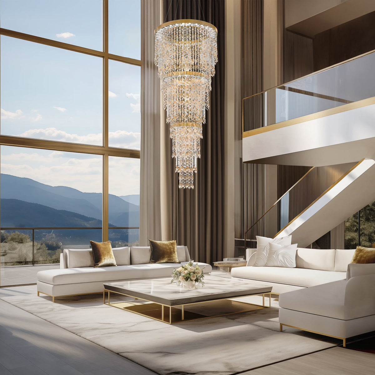 Feathered Gem Waterfall Crystal Semi-Flush Light