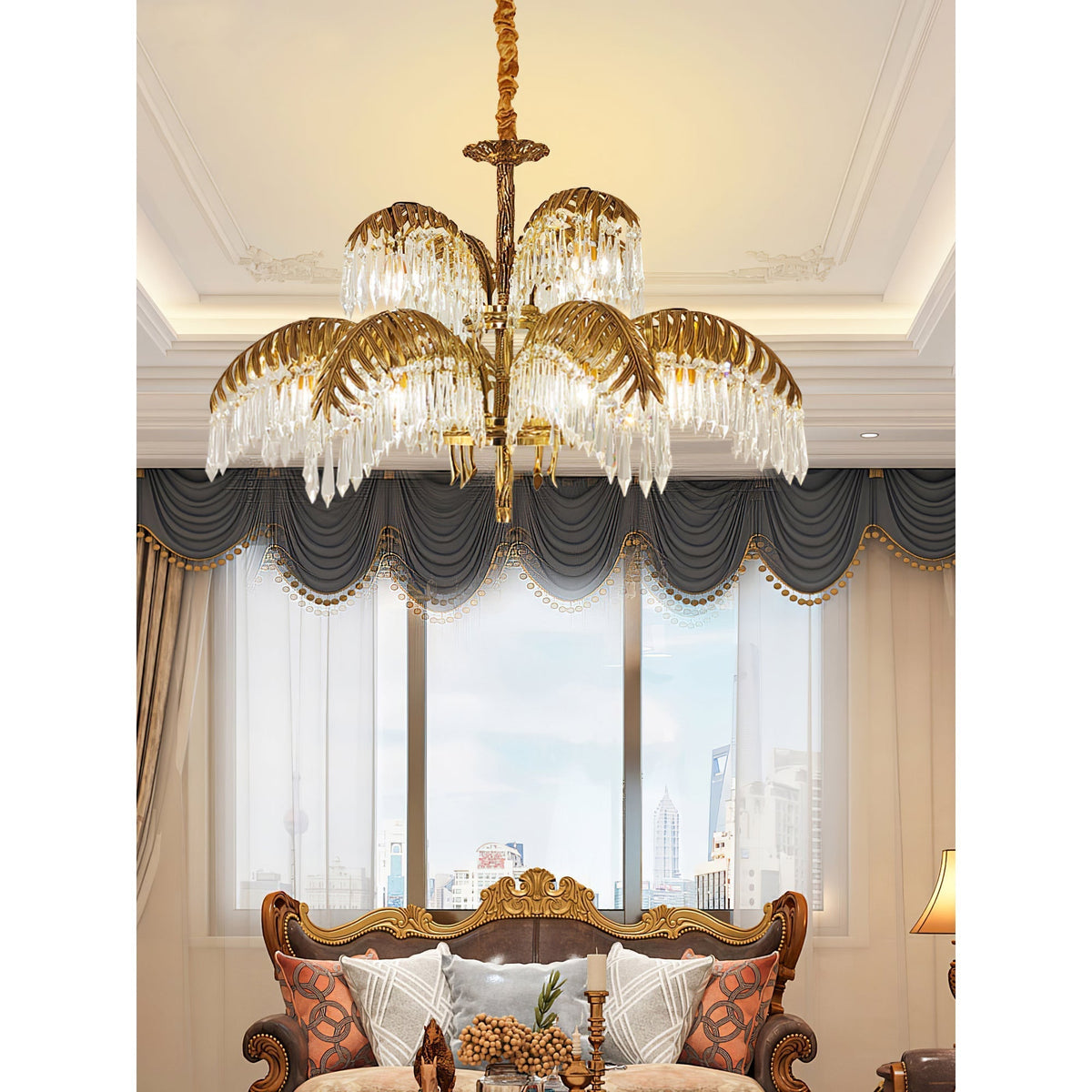 Frondara Brass Clear Crystal Chandelier