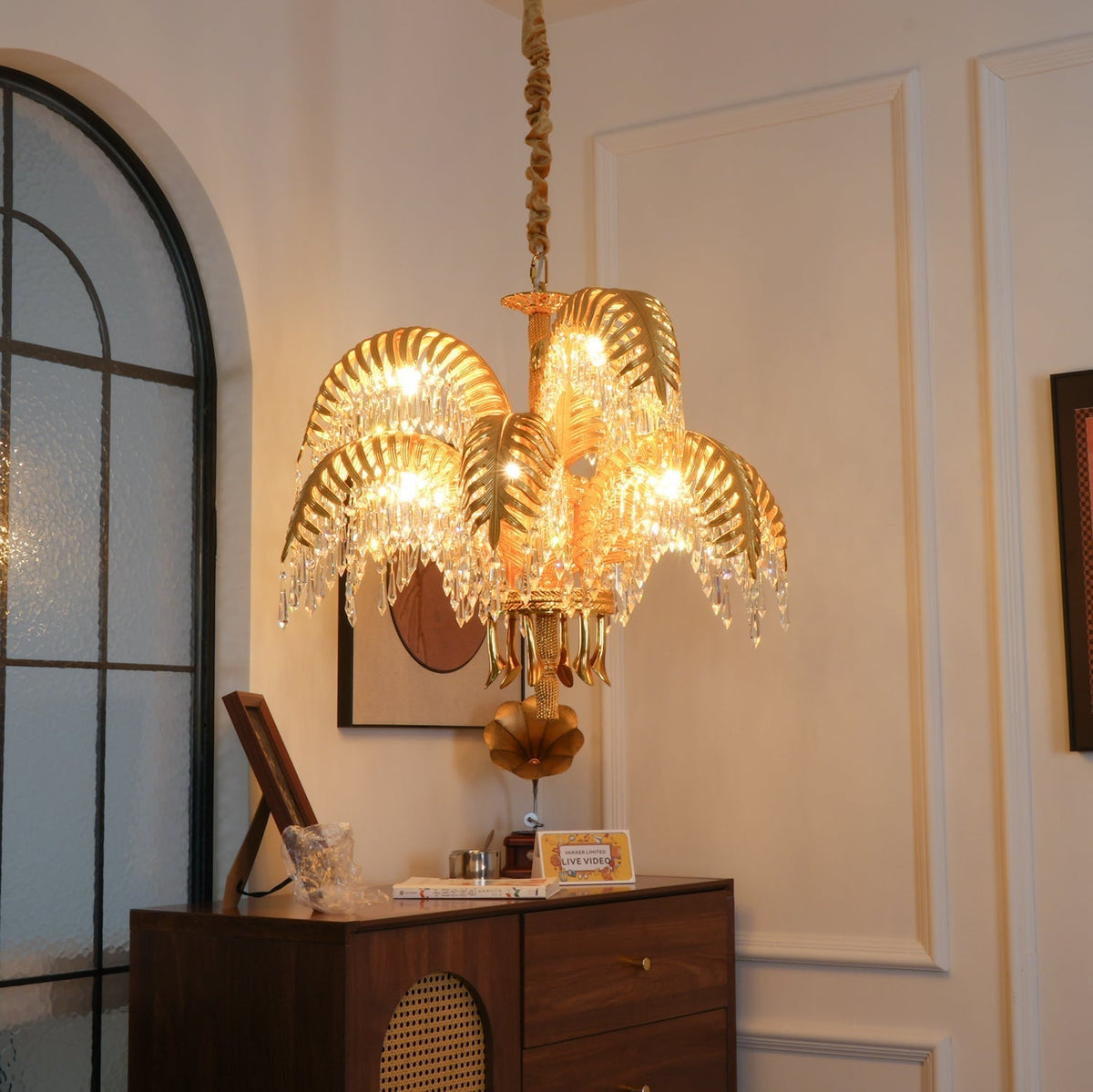 Frondara Brass Clear Crystal Chandelier