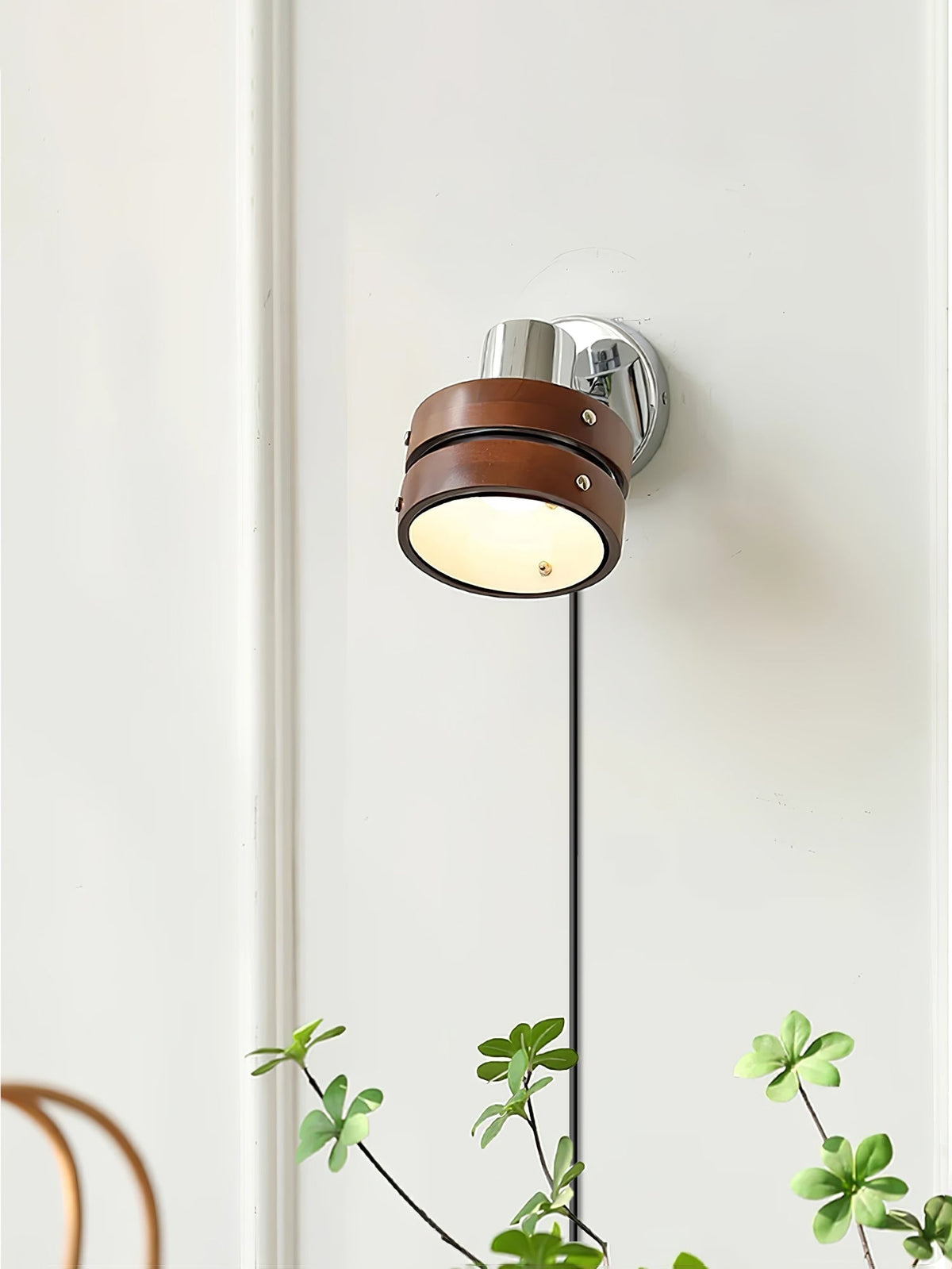Hingewood Chrome Walnut Plug-In Wall Lamp