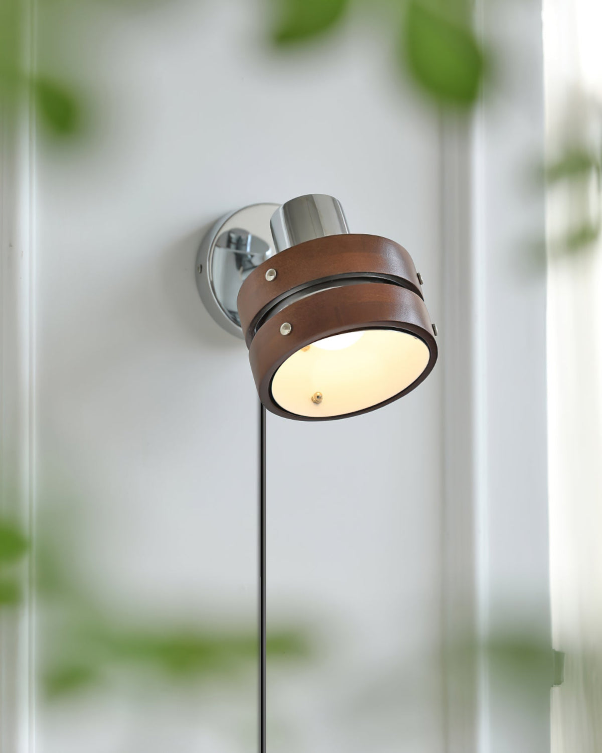 Hingewood Chrome Walnut Plug-In Wall Lamp