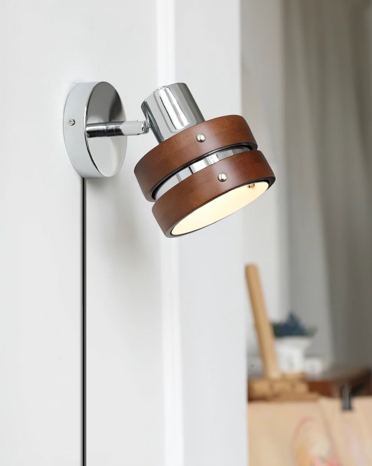 Hingewood Chrome Walnut Plug-In Wall Lamp