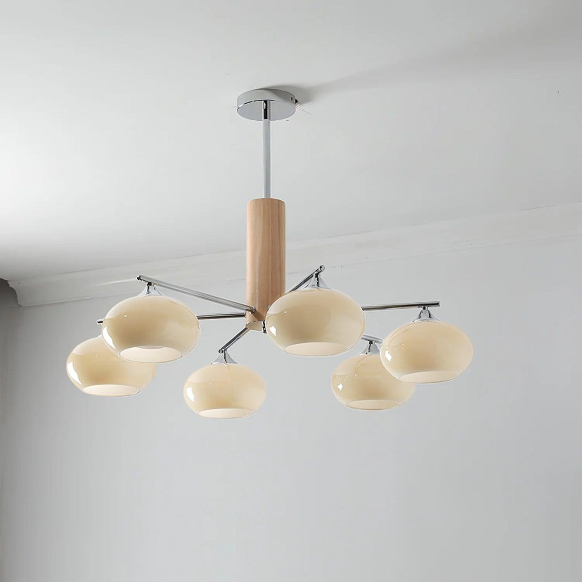 Midcentury Pod Wood Chrome Multi-Light Chandelier