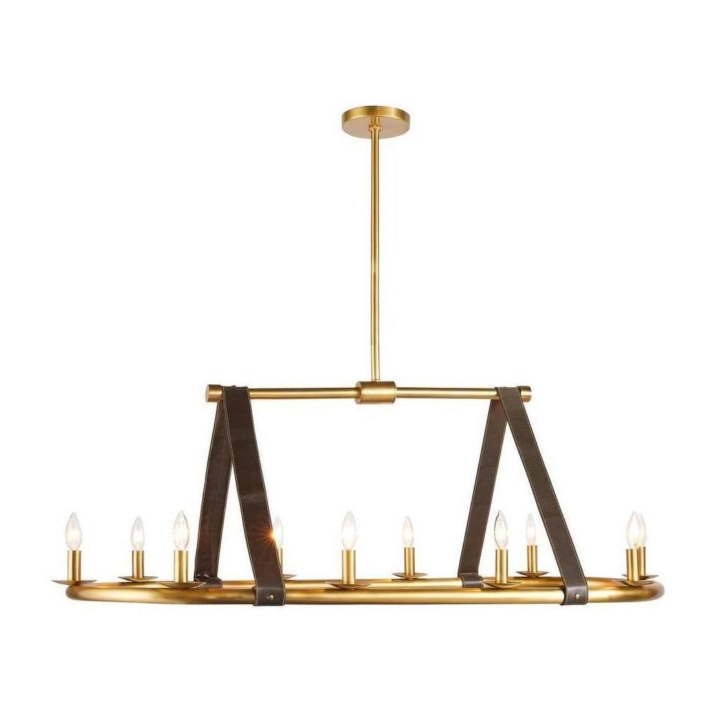 Moss Leather Strap Antique Brass Linear Chandelier