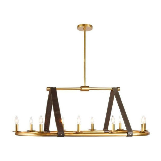 Moss Leather Strap Antique Brass Linear Chandelier