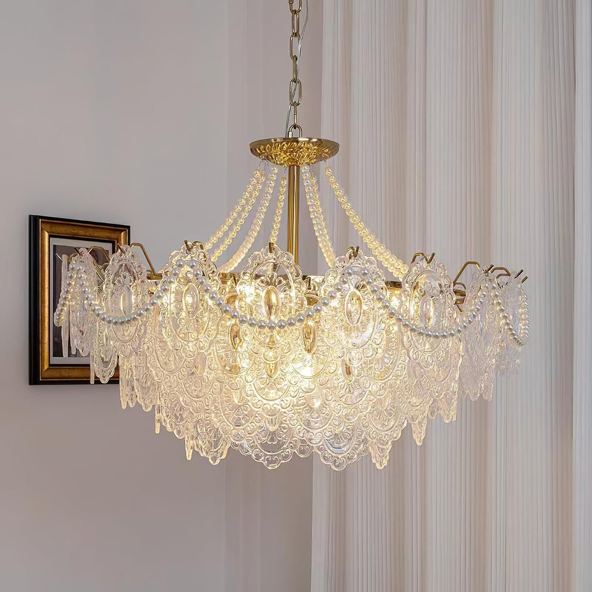 Quasarine Gold Glass Pearl Chandelier