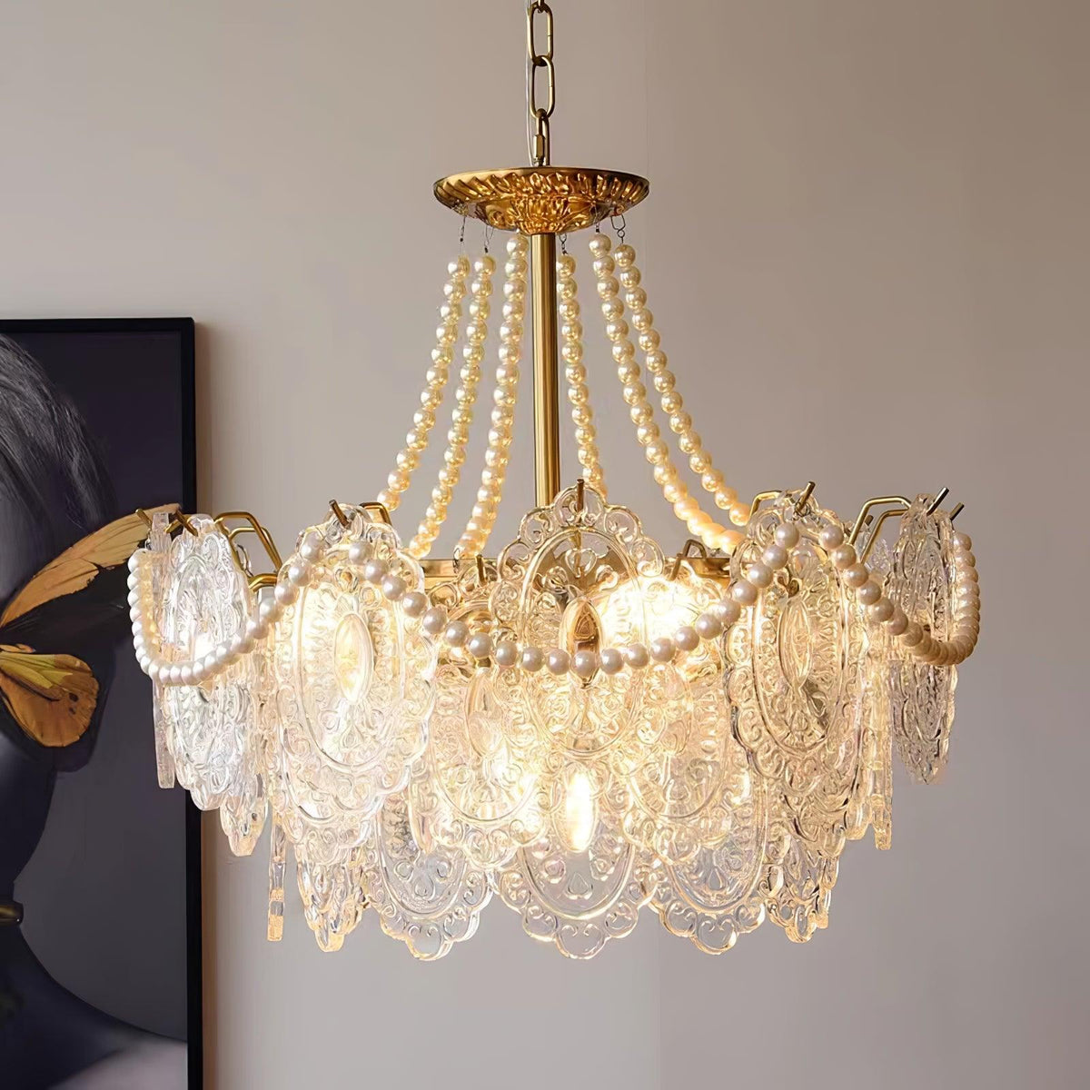 Quasarine Gold Glass Pearl Chandelier