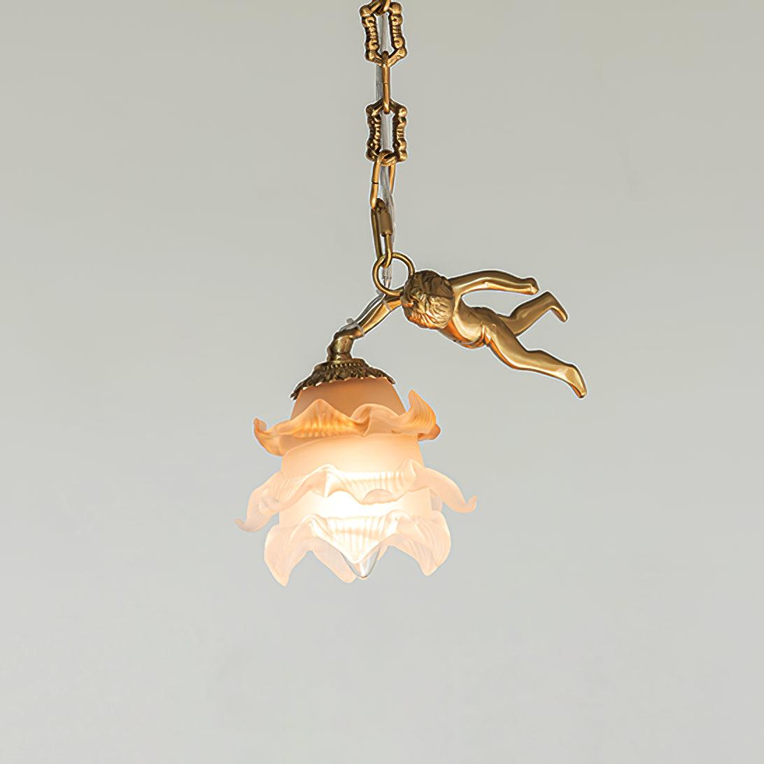 Putti Statuettes Brass Suspension 1 head Φ 9.8″ x H 31.5″ / Dia 25cm x H 80cm / Brass Chandelier