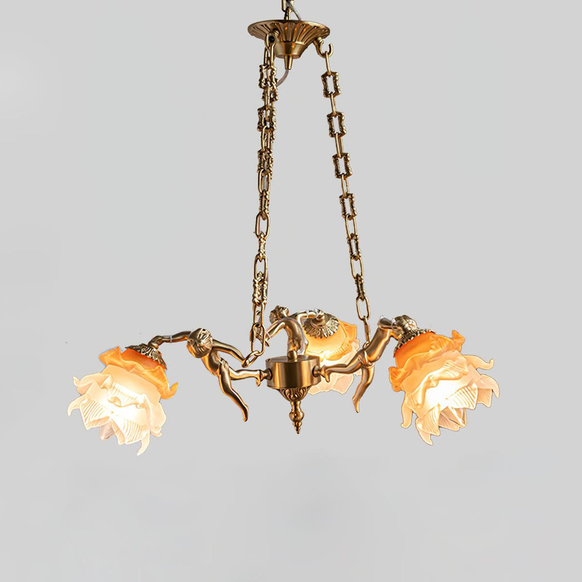Putti Statuettes Brass Suspension 3 heads Φ 23.6″ x H 39.4″ / Dia 60cm x H 100cm / Brass Chandelier