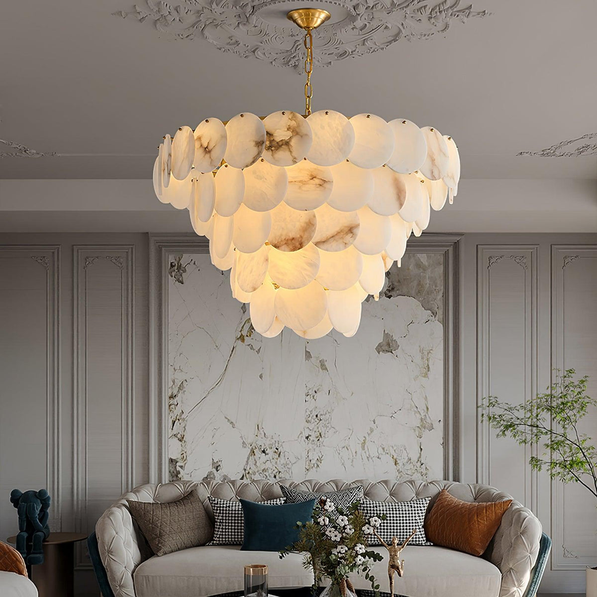 Shellfall Brass Alabaster Tiered Chandelier