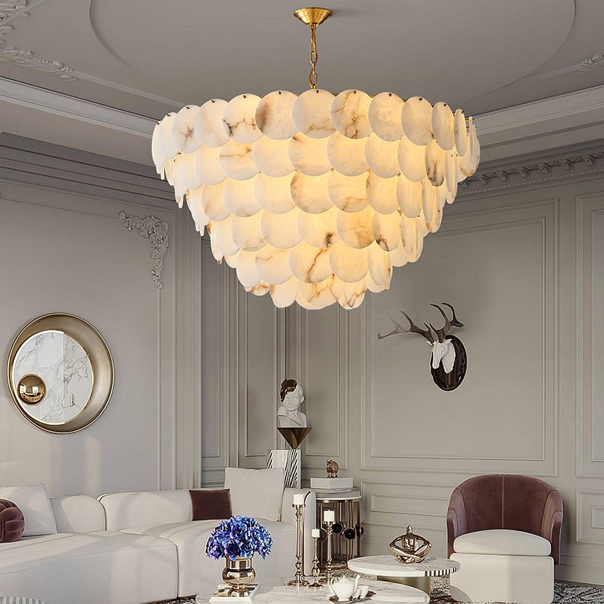 Shellfall Brass Alabaster Tiered Chandelier