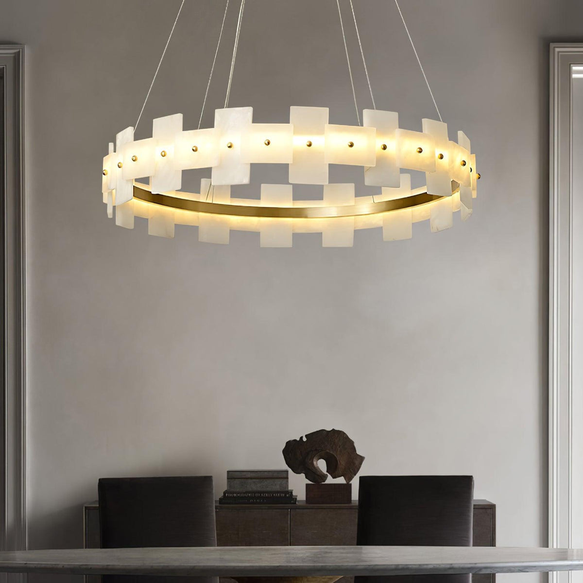 Slatband Brass Alabaster LED Ring Chandelier