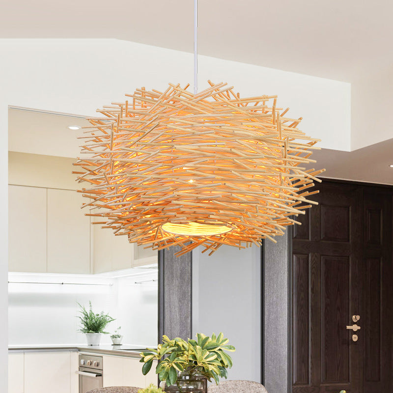 Southeast Asian Rattan Birdcage Pendant Light / Wood color / 30cm