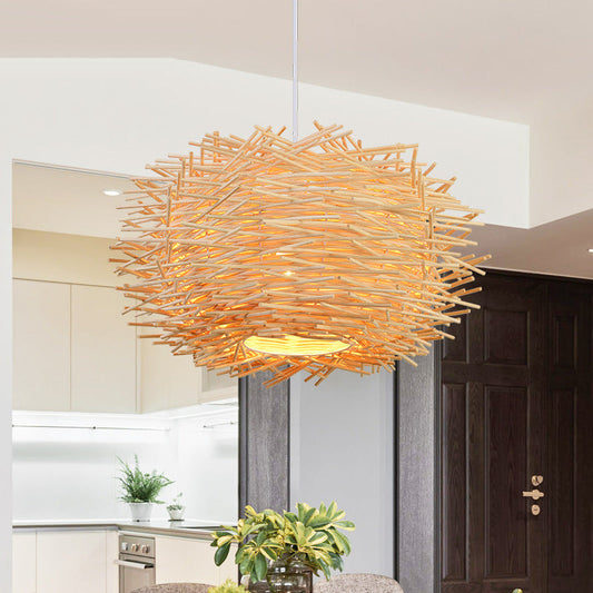 Southeast Asian Rattan Birdcage Pendant Light / Wood color / 30cm