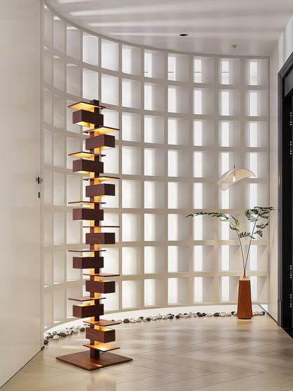 Stepped Box Walnut Black Floor Lamp
