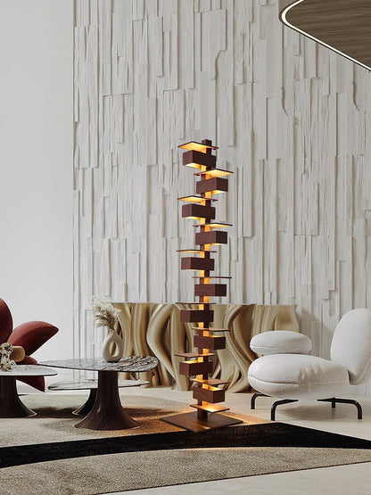Stepped Box Walnut Black Floor Lamp
