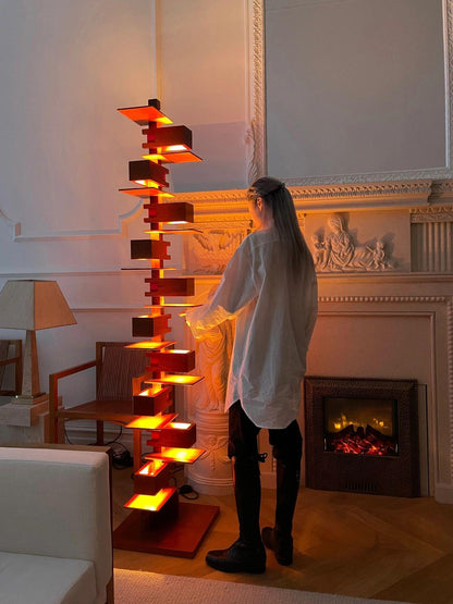 Stepped Box Walnut Black Floor Lamp