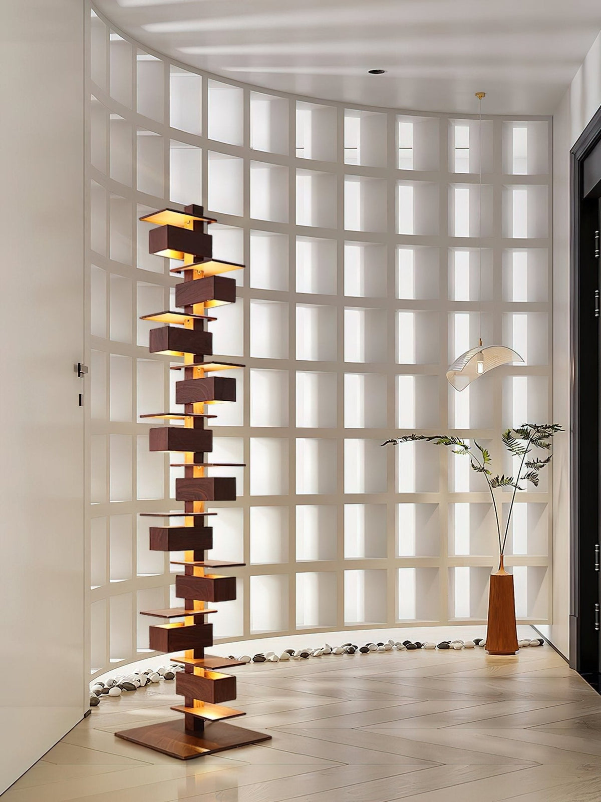 Stepped Box Walnut Black Floor Lamp