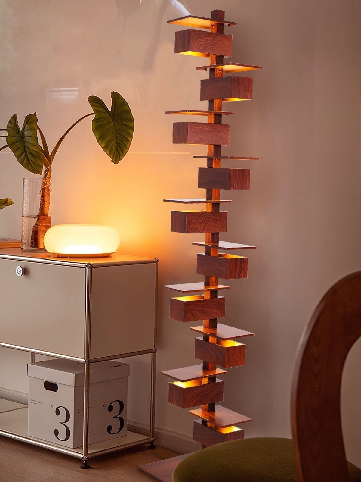 Stepped Box Walnut Black Floor Lamp
