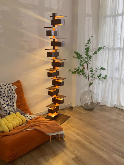 Stepped Box Walnut Black Floor Lamp