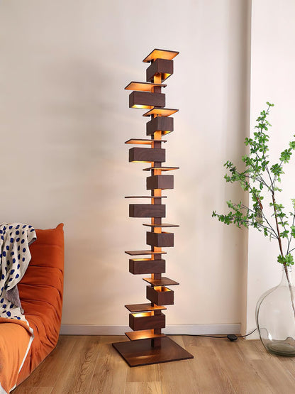 Stepped Box Walnut Black Floor Lamp