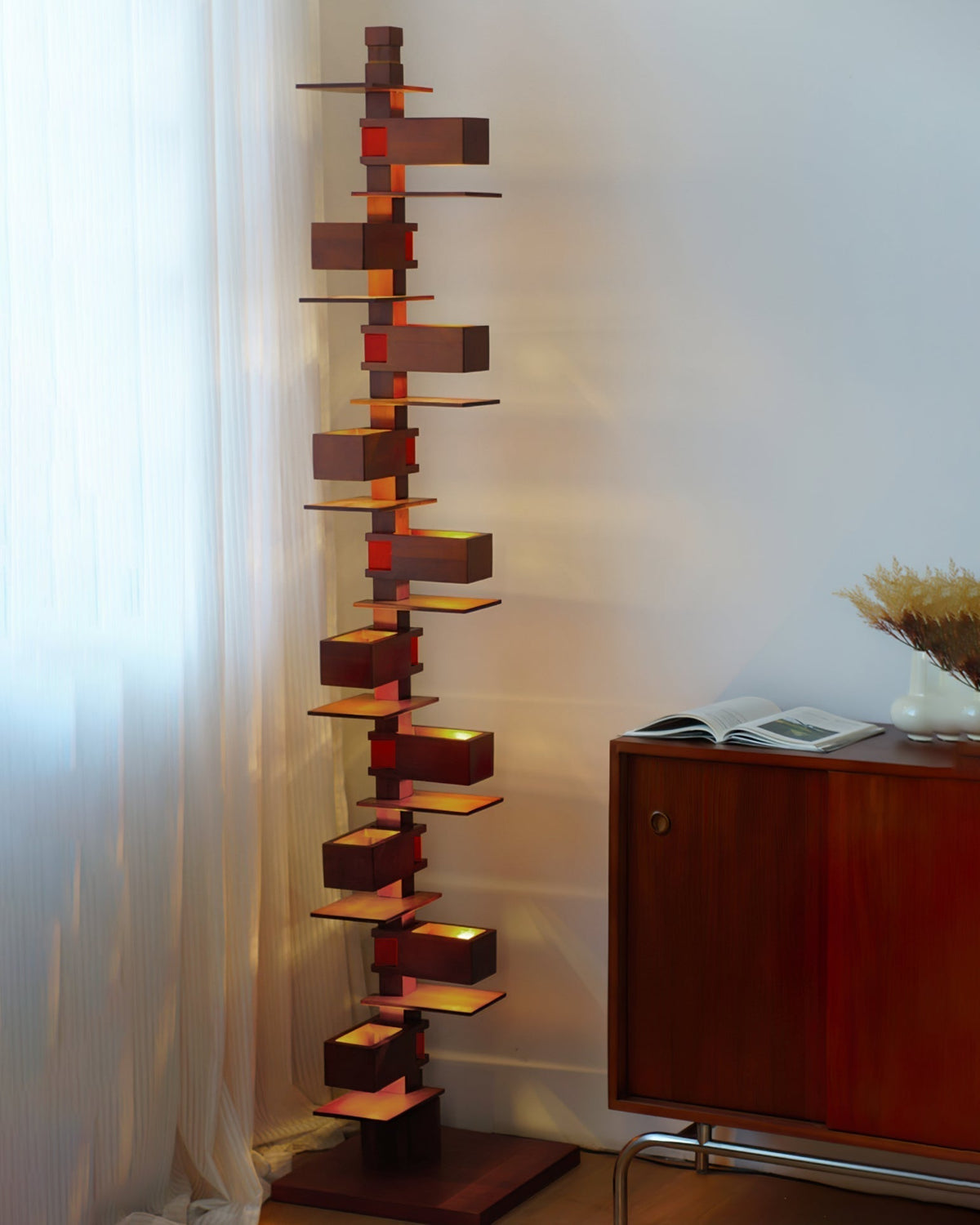 Stepped Box Walnut Black Floor Lamp