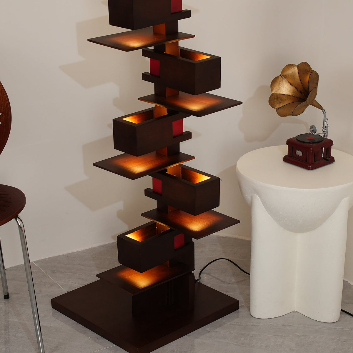 Stepped Box Walnut Black Floor Lamp
