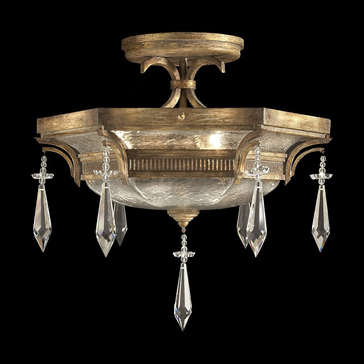 Swirled Glass Crystal Drop Gold Semi-Flush Light