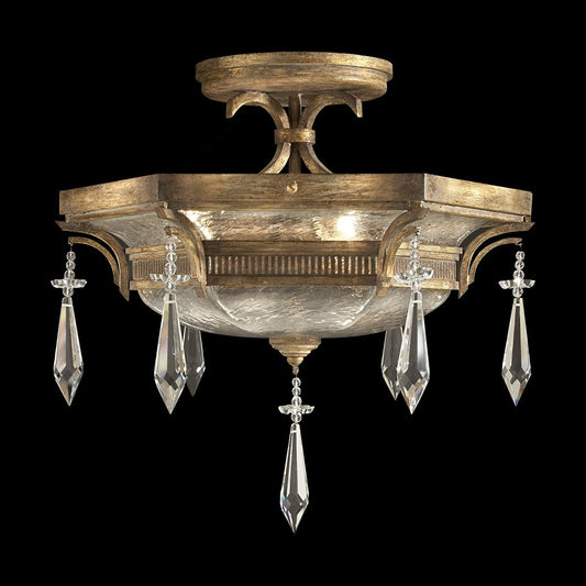 Swirled Glass Crystal Drop Gold Semi-Flush Light