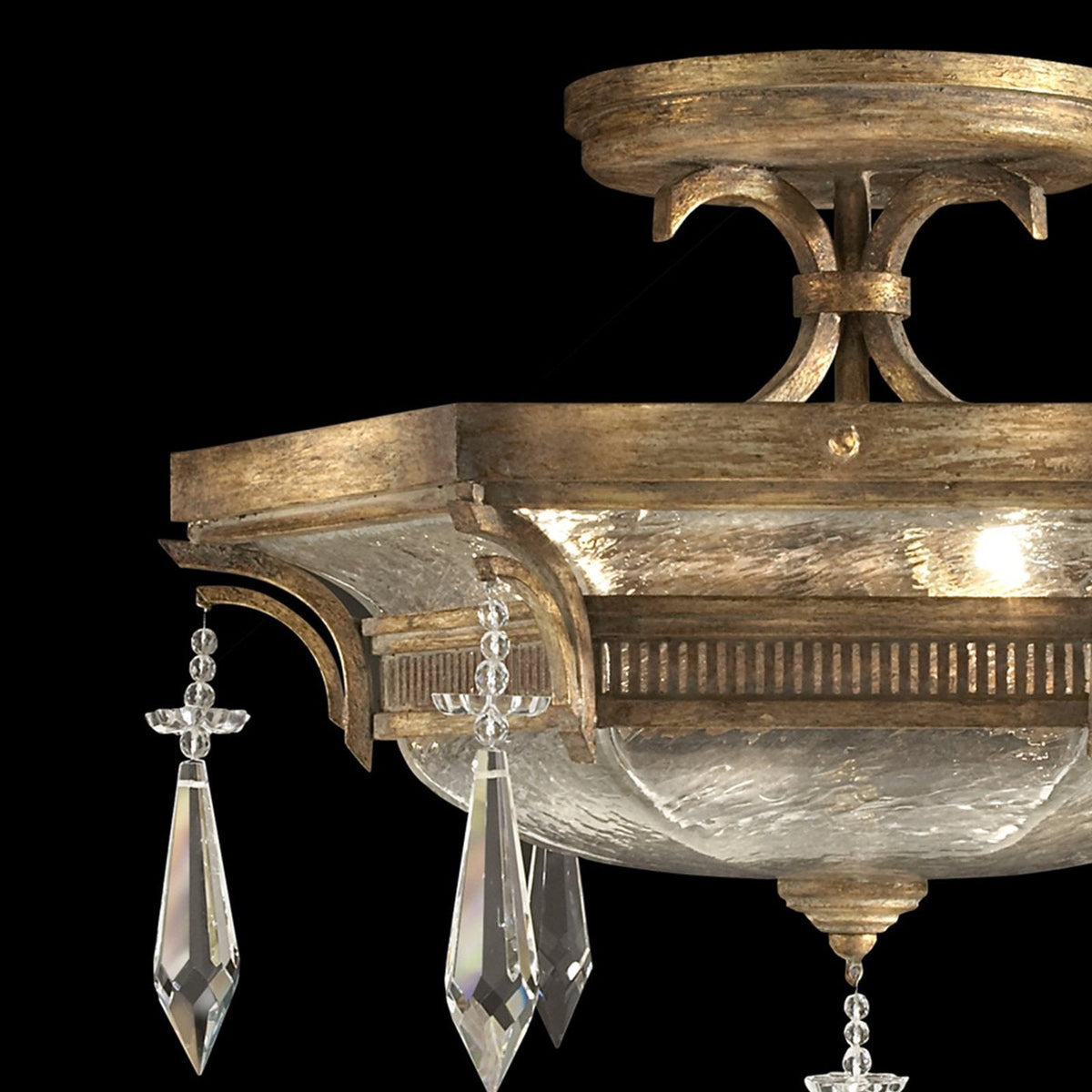 Swirled Glass Crystal Drop Gold Semi-Flush Light