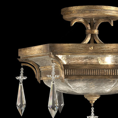 Swirled Glass Crystal Drop Gold Semi-Flush Light