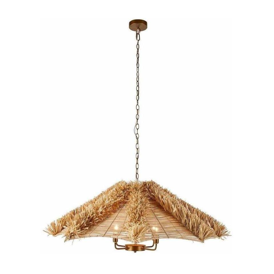 Thatched Raffia Rattan Brass Chandelier