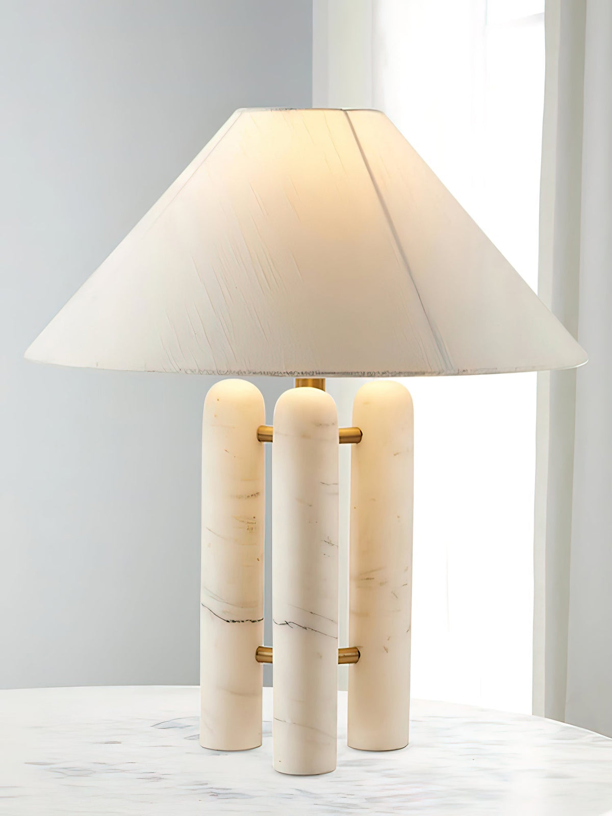 Triple Marble Column White Fabric Table Lamp